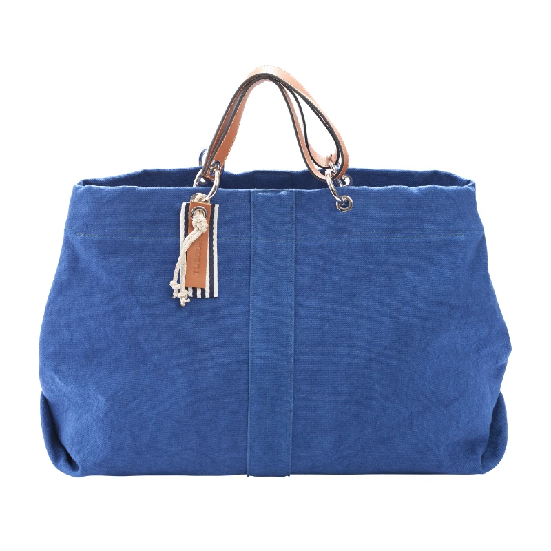 sac modulable en coton bleu roi, pour le week-end, avec des anses en cuir naturel