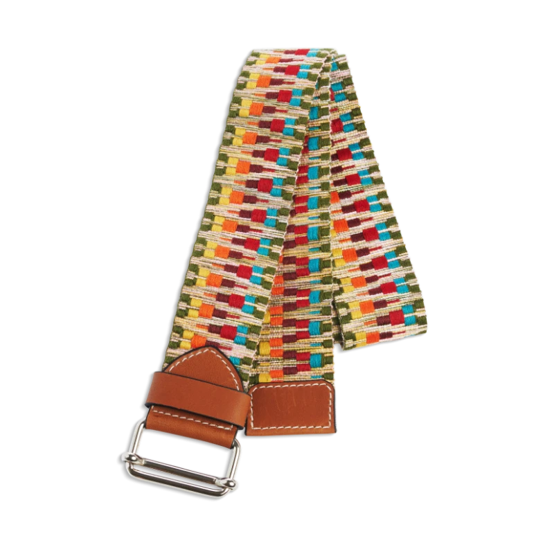 Ceinture colorée à motifs jaune, corail, rouge, turquoise, kaki en coton et cuir naturel gold et boucle nickel