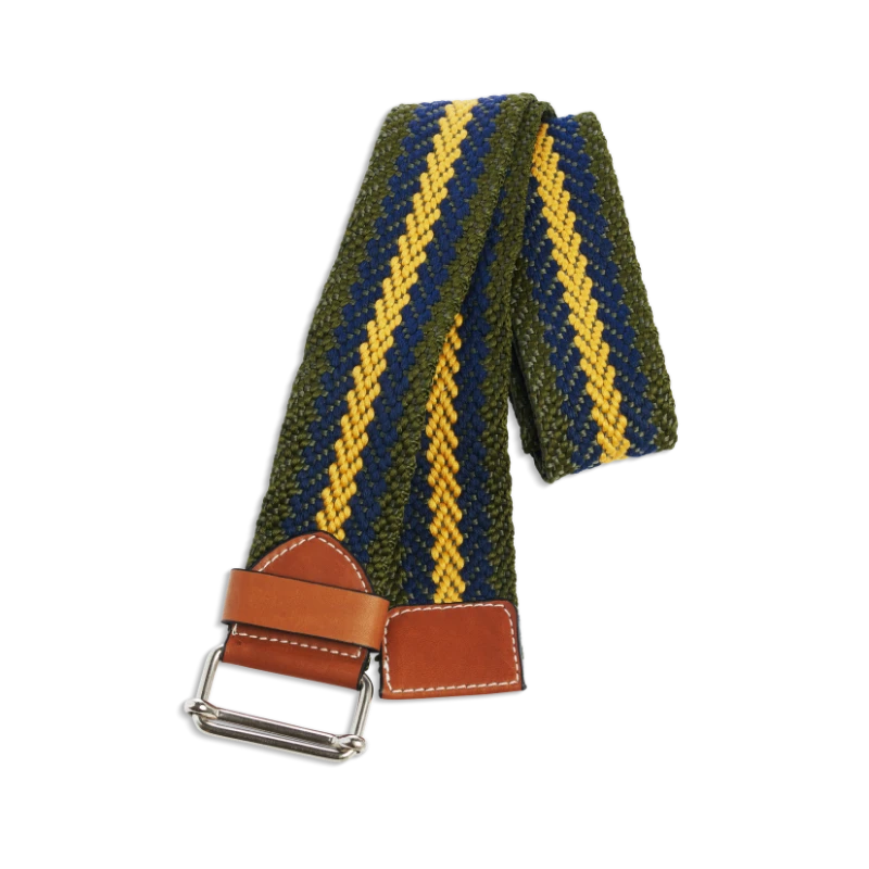 Ceinture colorée à rayures kaki, marine et moutarde en coton et cuir naturel gold et boucle argent
