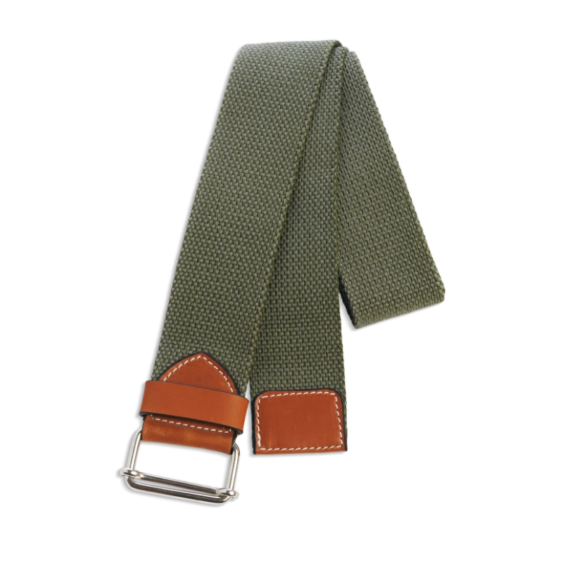 Ceinture colorée unie kaki en coton et cuir naturel gold et boucle argent