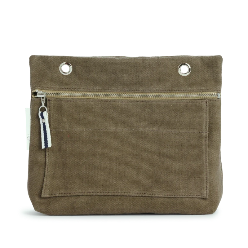 Grande pochette modulable en coton kaki avec une poche devant