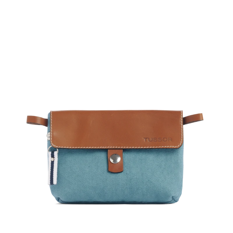 pochette mobile amovible en coton bleu français et cuir