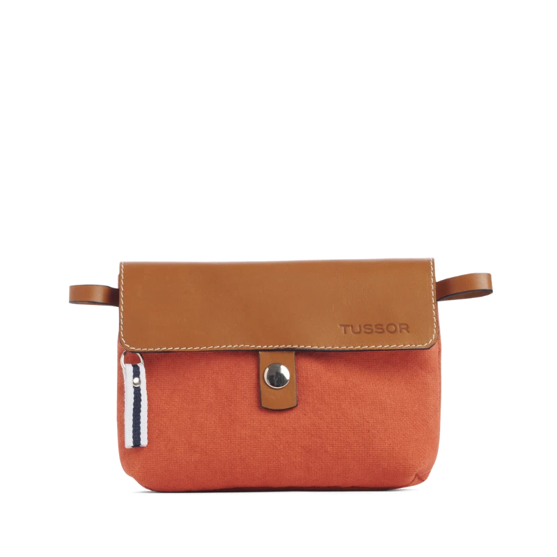 pochette mobile amovible en coton brique et cuir