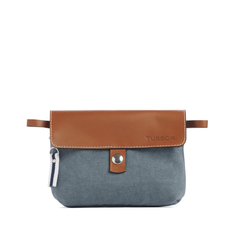 pochette mobile amovible en coton gris et cuir face