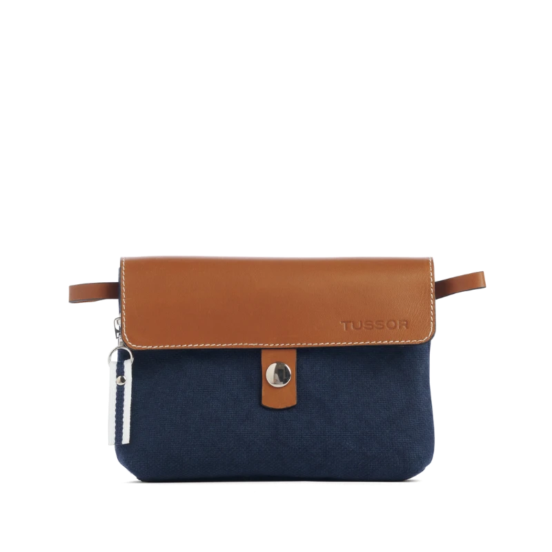 pochette mobile amovible en coton marine et cuir