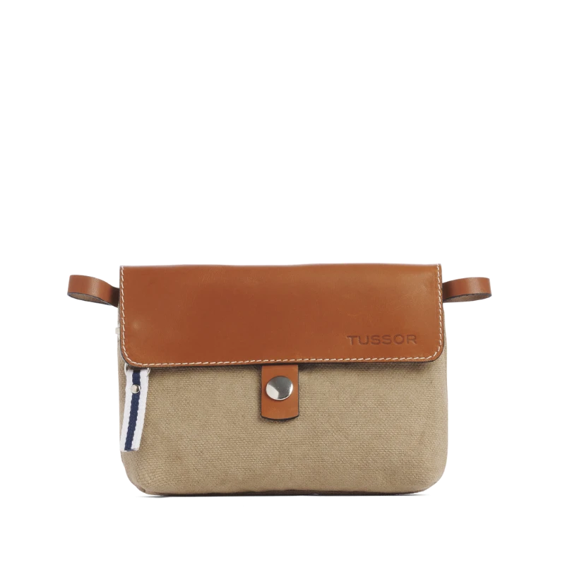 pochette mobile amovible en coton sable et cuir