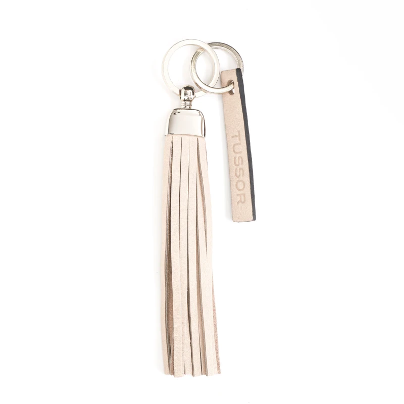 porte-clés pompon en cuir ecru