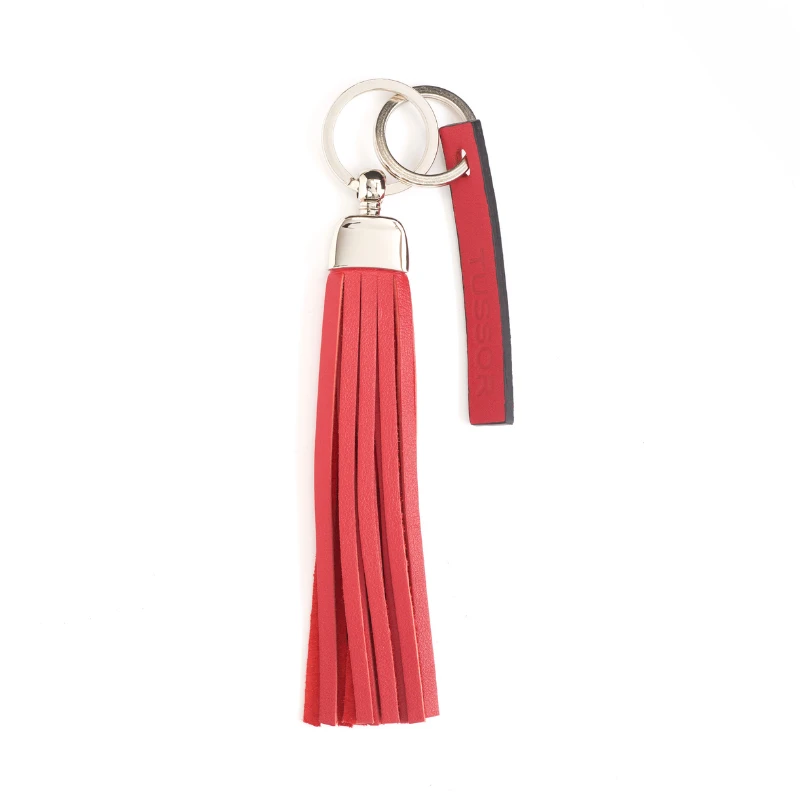 porte-clés pompon en cuir rouge