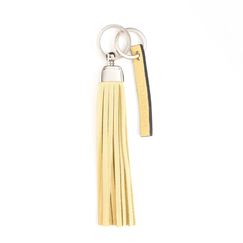 porte-clés pompon en cuir vanille