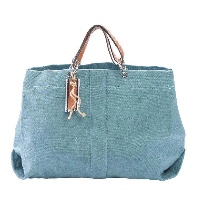 sac modulable en coton bleu français, pour le week-end, avec des anses en cuir naturel