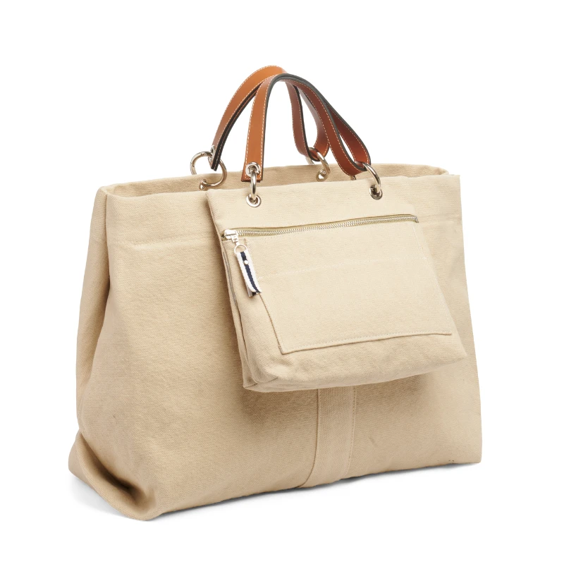 grand sac modulable en coton grege, pour le week-end, avec des anses en cuir naturel et sa pochette equipier en toile grege