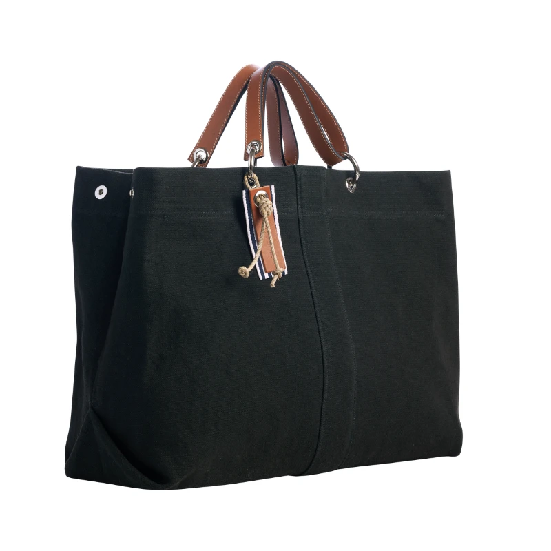 grand sac modulable en coton noir, pour le week-end, avec des anses en cuir naturel