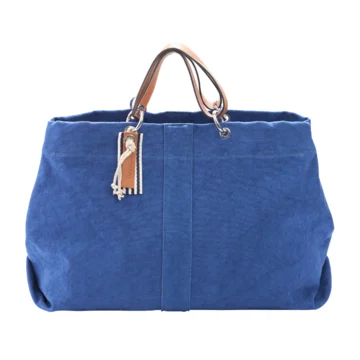 sac modulable en coton bleu roi, pour le week-end, avec des anses en cuir naturel