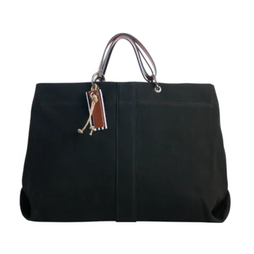 grand sac modulable en coton noir, pour le week-end, avec des anses en cuir naturel