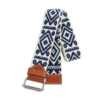 Ceinture colorée à motifs géométriques bleu marine et écru, en coton et cuir naturel gold et boucle nickel