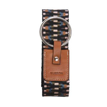 Ceinture duo château de sable bleu canard colorée en coton et cuir naturel gold et boucle nickel
