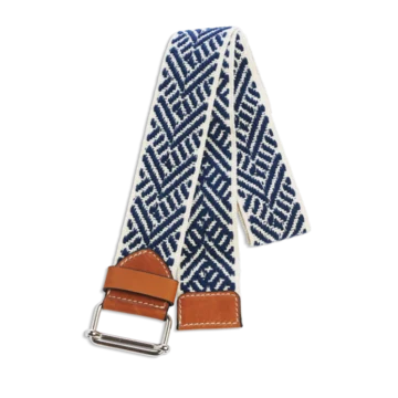 Ceinture colorée à motifs bleu marine et beige en coton et cuir naturel gold et boucle nickel