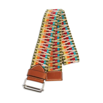 Ceinture colorée à motifs jaune, corail, rouge, turquoise, kaki en coton et cuir naturel gold et boucle nickel