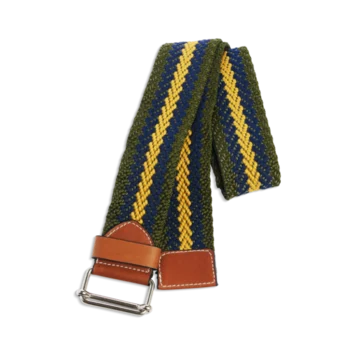 Ceinture colorée à rayures kaki, marine et moutarde en coton et cuir naturel gold et boucle argent