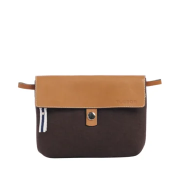 pochette amovible en cuir et coton chocolat