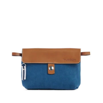 pochette mobile amovible en coton bleu canard et cuir face