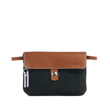 pochette mobile amovible en coton noir et cuir