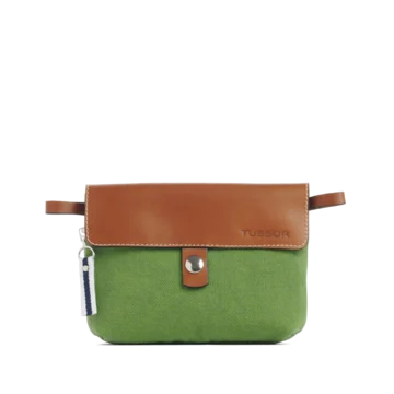 pochette mobile amovible en coton vert et cuir vue de face