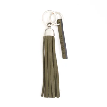 porte-clés pompon en cuir kaki
