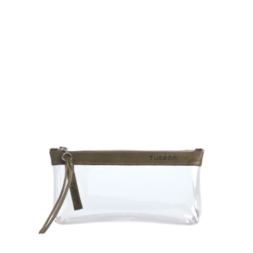 pochette en plastique transparent et cuir kaki