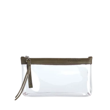 pochette en plastique transparent et cuir kaki