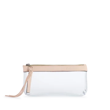 pochette en plastique transparent et cuir poudré