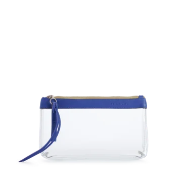 pochette en plastique transparent et cuir bleu cobalt
