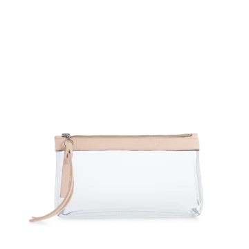 pochette en plastique transparent et cuir poudre