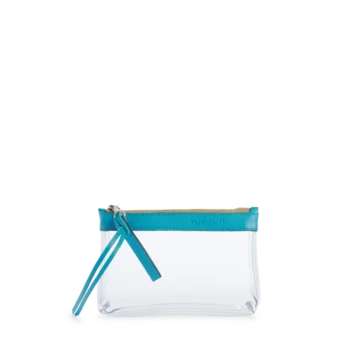 pochette en plastique transparent et cuir turquoise
