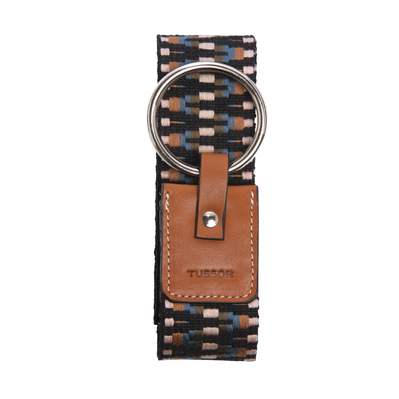 Ceinture duo château de sable bleu canard colorée en coton et cuir naturel gold et boucle nickel