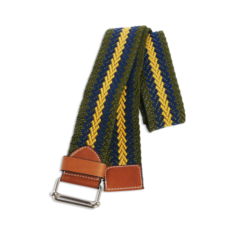 Ceinture colorée à rayures kaki, marine et moutarde en coton et cuir naturel gold et boucle argent
