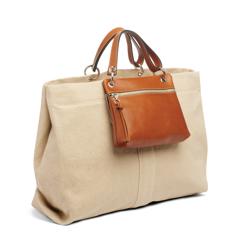 grand sac modulable en coton grege, pour le week-end, avec des anses en cuir naturel et sa pochette yole en cuir naturel aussi