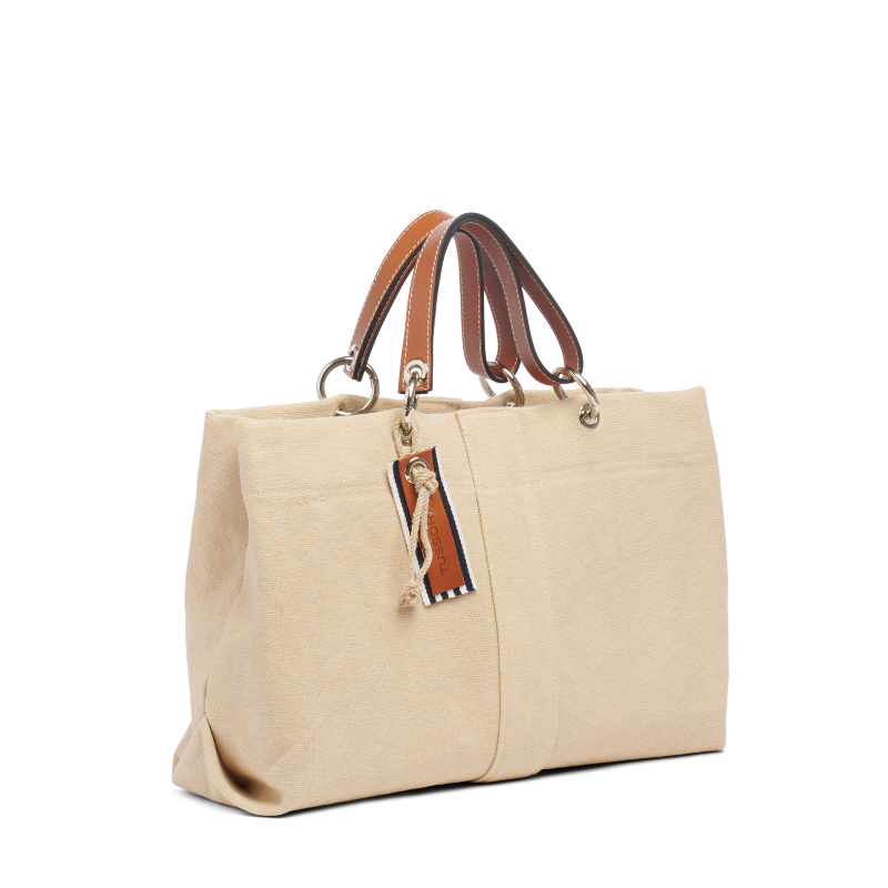 sac de ville modulable en coton grege avec des anses en cuir naturel