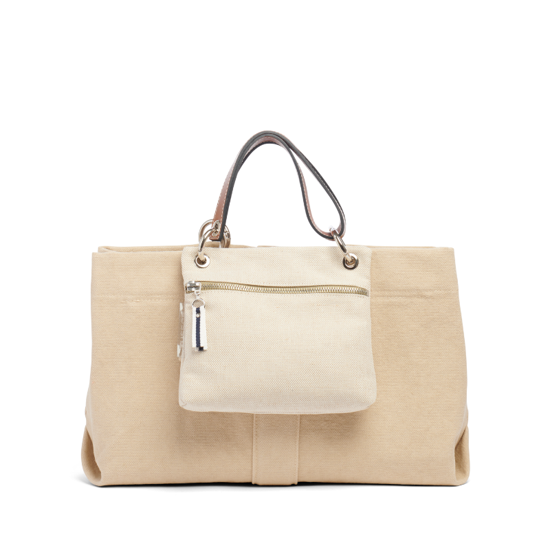 sac de ville modulable en coton grege avec des anses longues en cuir naturel