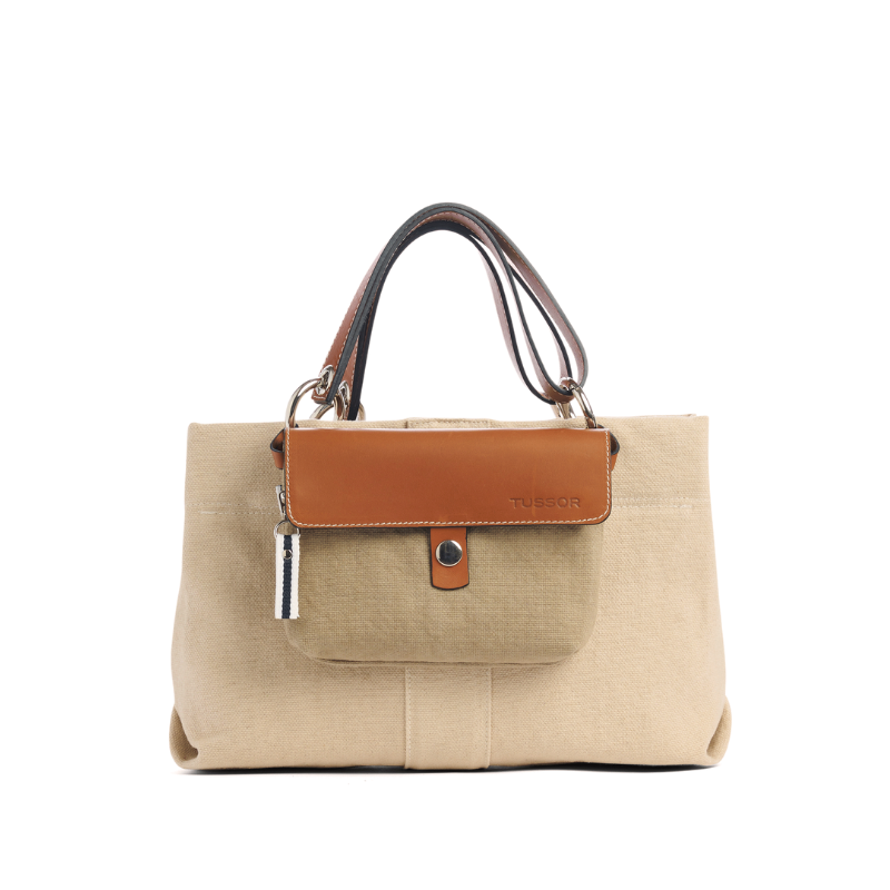 sac de ville modulable en coton grege avec des anses en cuir naturel et sa pochette mobile sable